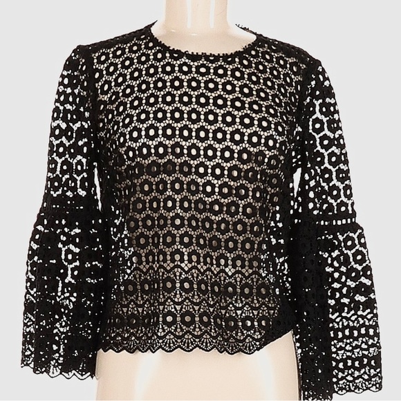 J. Crew Tops - J. Crew Black Eyelet Lace Zip Back 3/4 Sleeve Blouse Top